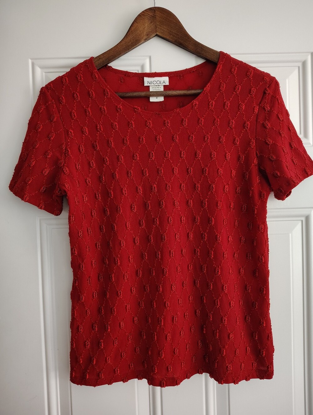 Vintage 90s Nicola Red Textured Diamond Knit Top Short Sleeve Blouse Made in USA